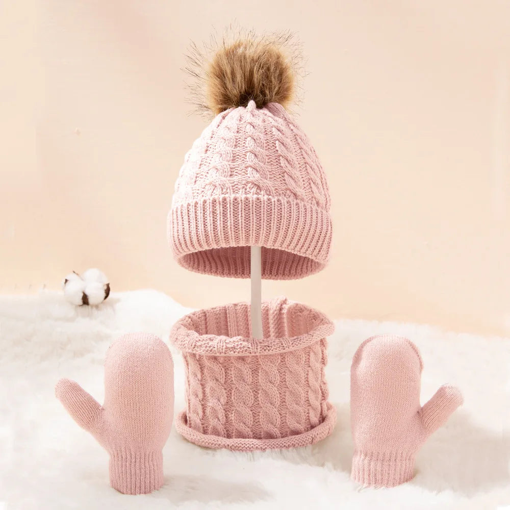 New Yarn Monochrome Twist Warm Children's Hat Scarf Gloves Two or Three-piece Set Ready Stock Children's Hat Suit