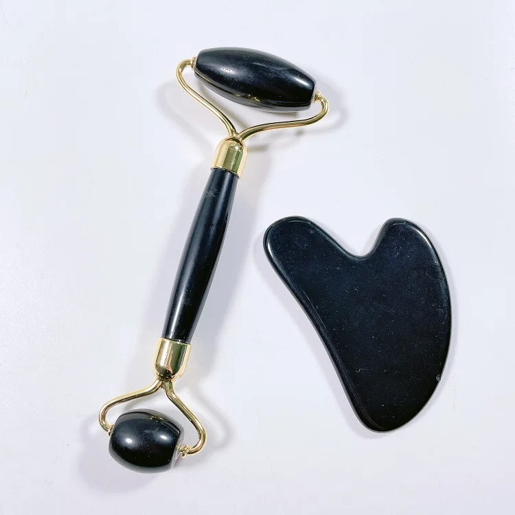 Huiying Hot Selling Cheap Skincare Device Face Messager Black Obsidian Gem Stone Roller Guasha Sets Kit