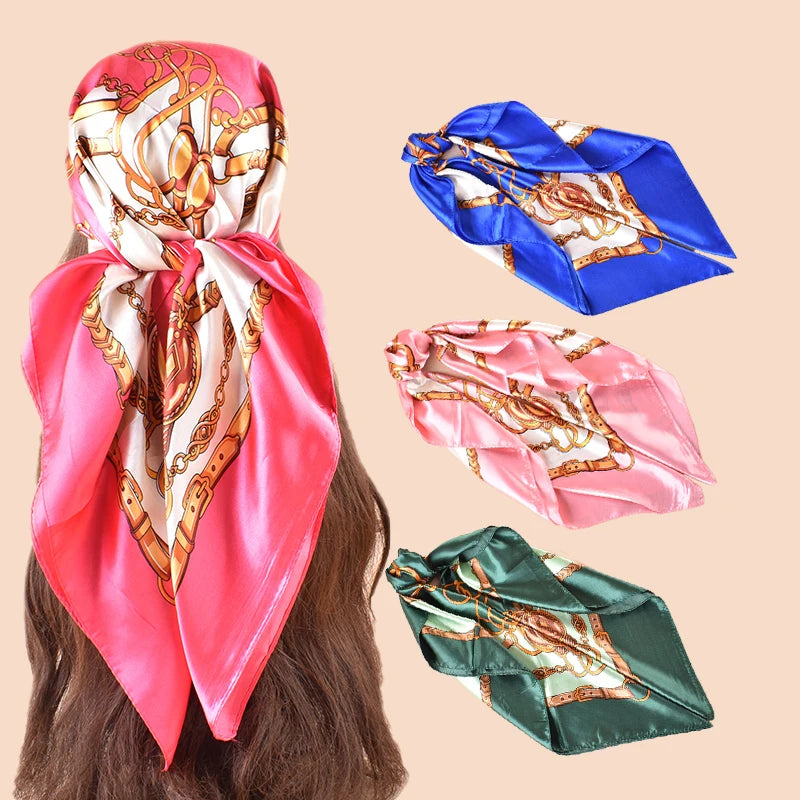 Custom Design New Big 90*90cm Silk Satin Shawl Luxury Square Scarf Leopard Polka Dot Print Chain Printed Scarf Headband for