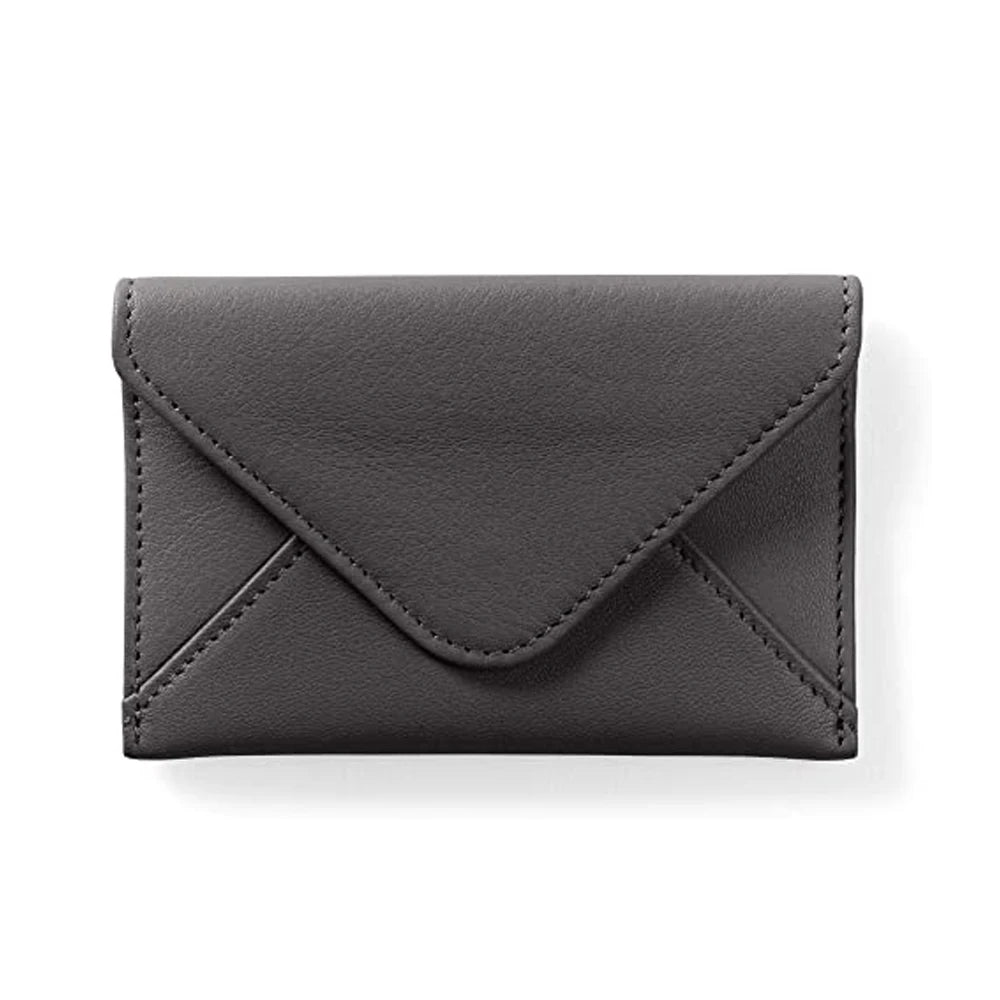 Luxury Custom Logo Minimalist RFID Flip Cover Genuine Leather Small Business Envelope ID Credit Card Holder Case Button Closure