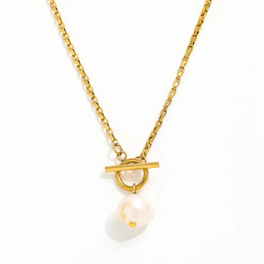 Joolim Jewelry 18K Gold Plated Fresh Water Pearl Pendant Toggle Chain Necklace Stainless Steel Jewelry MegaBDM