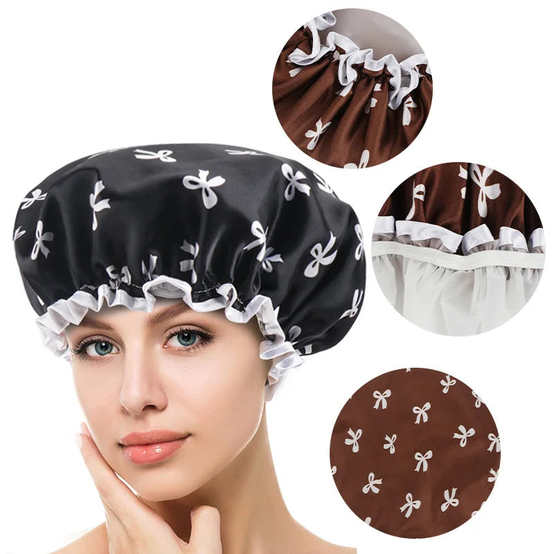 Luxury Women's Double Layer Thickened Peva Plastic Shower Cap Custom Bathing Hair Cover Reusable Waterproof Kitchen Oil Cleaning