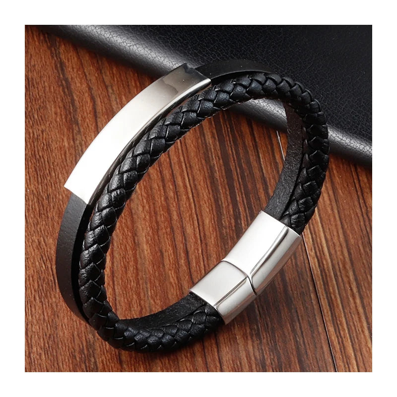 Custom Engraved Statement Black Personalized Men Leather Bracelet for Wrist Luxury Gift Stainless Steel Leather Bracelet OT-127