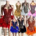 Ocstrade Luxury V Neckline Women Cocktail Feather Dress Pink Diamonds Short Sexy Prom Dresses 2025 for Birthday Party Club Dress