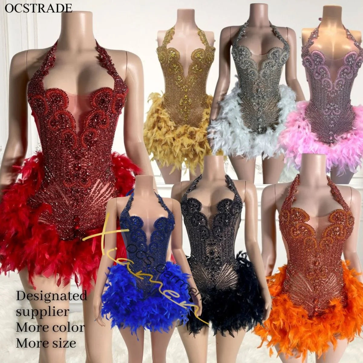 Ocstrade Luxury V Neckline Women Cocktail Feather Dress Pink Diamonds Short Sexy Prom Dresses 2025 for Birthday Party Club Dress