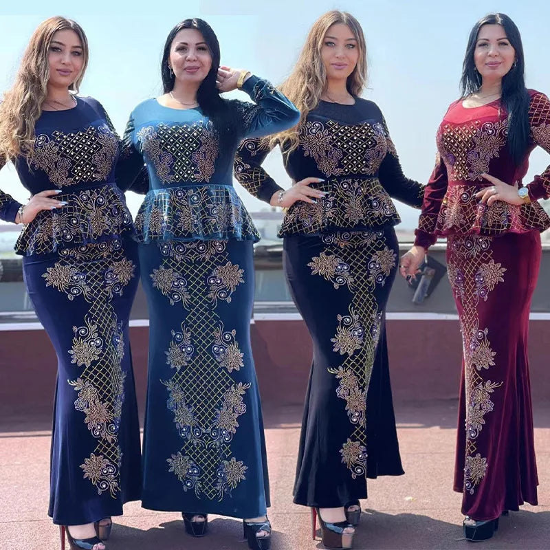 Wholesale Custom Middle Eastern Sparkling Diamond Faux Two-piece Long Velvet Evening Gown Muslim Women's Dress