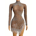 Elegant See Through Pearls Rhinestone Dinner Gown Fringes Dance Wear Women Slit Evening Dress Large Size Cocktail Club Dress