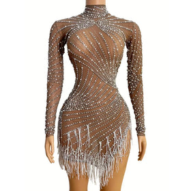 Elegant See Through Pearls Rhinestone Dinner Gown Fringes Dance Wear Women Slit Evening Dress Large Size Cocktail Club Dress