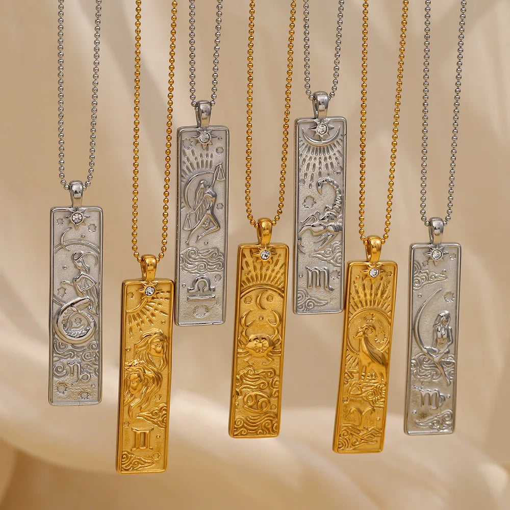 Hot Selling Stainless Steel 18K Gold Plated Geometric 12 Constellations Square Pendant Necklace Jewelry Wholesale