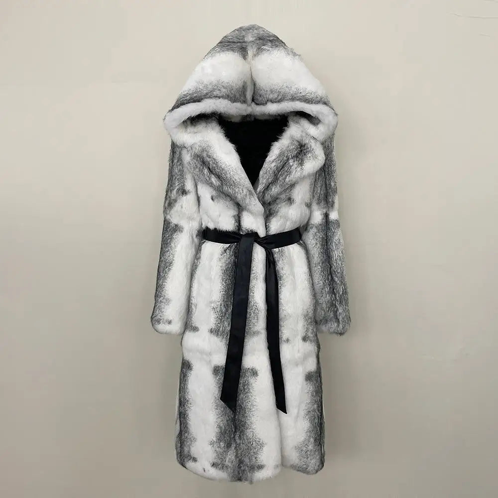 OFTBUY Real Rabbit Fur Natural Fur Coat Women Winter Fashion Warm Hooded Women Fur Jacket Designer Cold Outerwear New Fashi9on