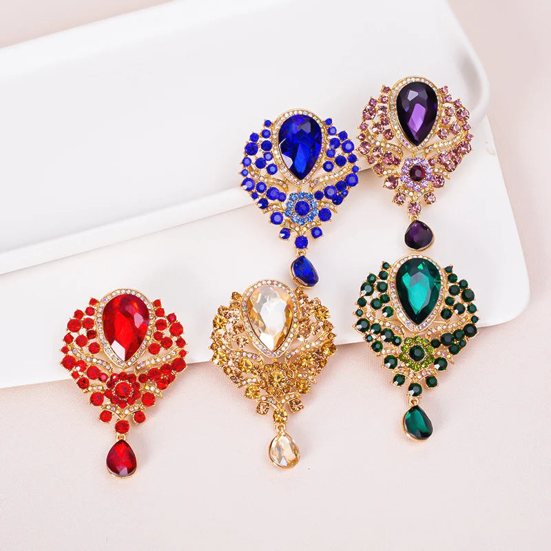 Hot Sale Colorful Gemstone Glass Pendant Brooch Shining Rhinestone Crystal Water Drop Brooches