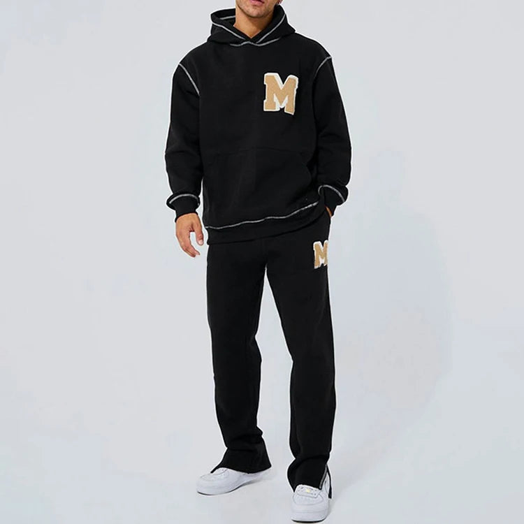 Custom Men Chenille Embroidery Tracksuit Oversize Contrast Stitch Sweatsuits 100%Cotton French Terry Jogger Two Pieces Sets