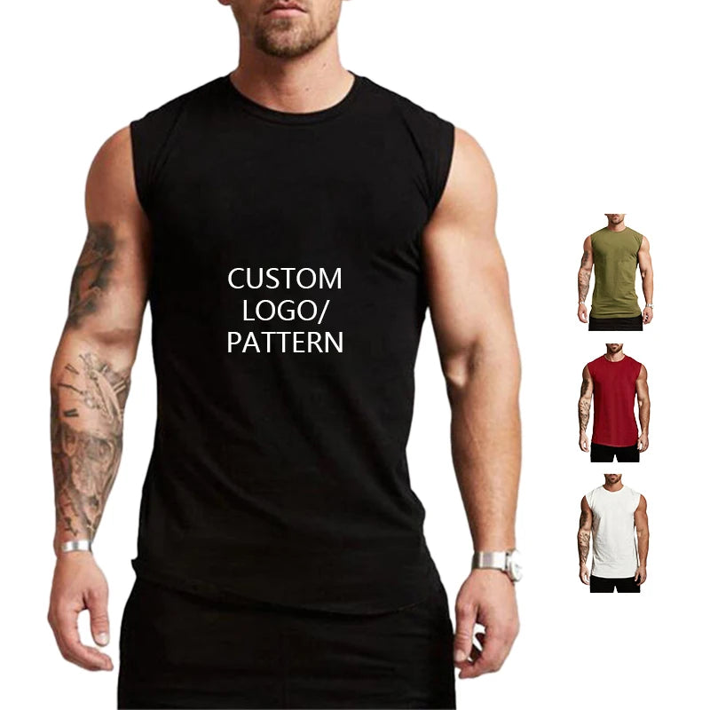 Wholesale Custom White Cotton Printed Men's T-Shirt Breathable Knitted Tank Top with Curved Hem for Casual Summer Hip Hop Style