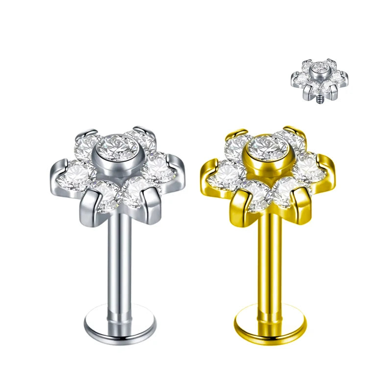 ASTM F136 Titanium 16G Internally Threaded Flower Labret Piercing 14K Gold Nose Rings Zircon Stone Tragus Body Piercing Jewelry