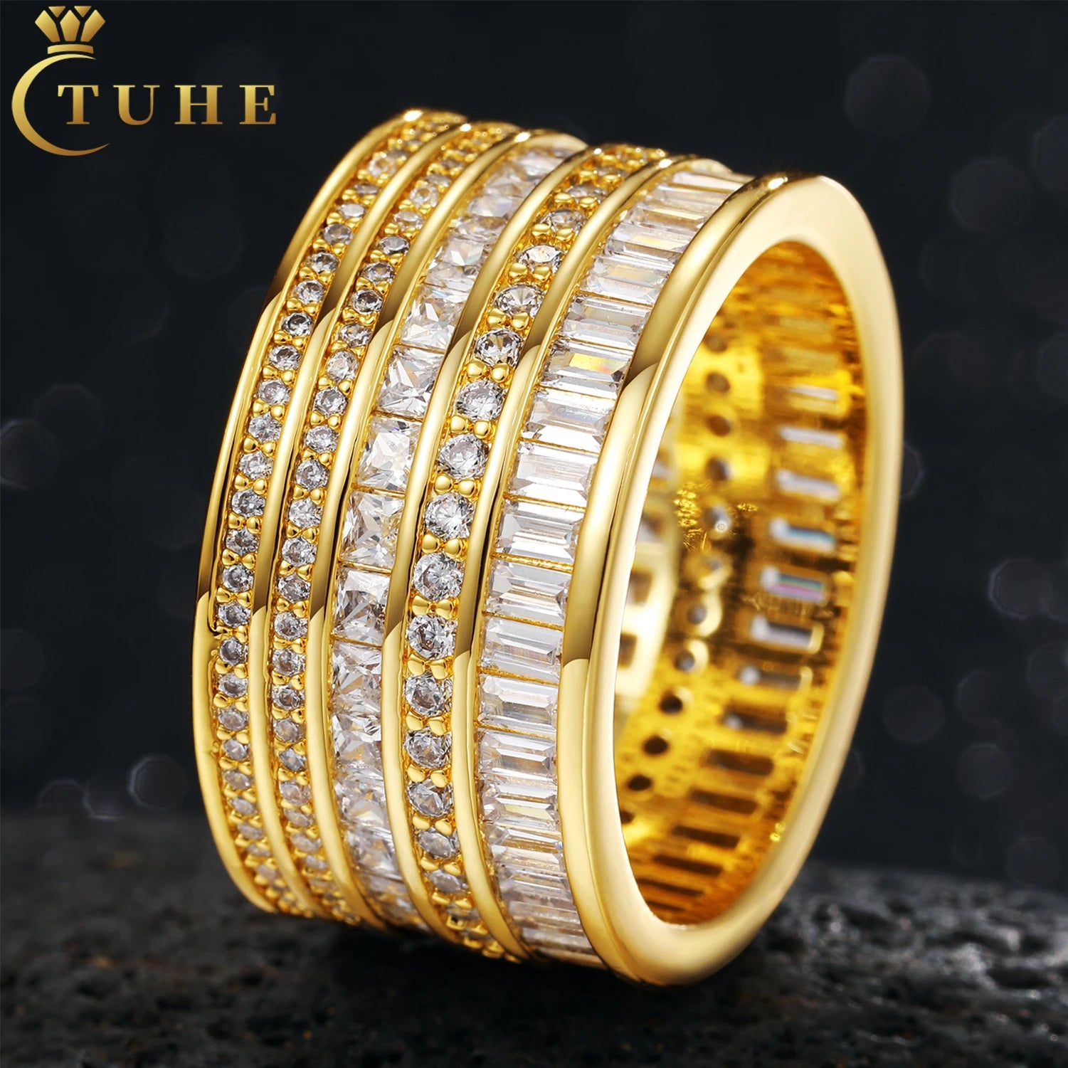 Factory Wholesale Price Bling Hip Hop Jewelry 18k Gold Plated Brass AAAAA Baguette CZ Diamond 5 Rows Big Band Ring for Men