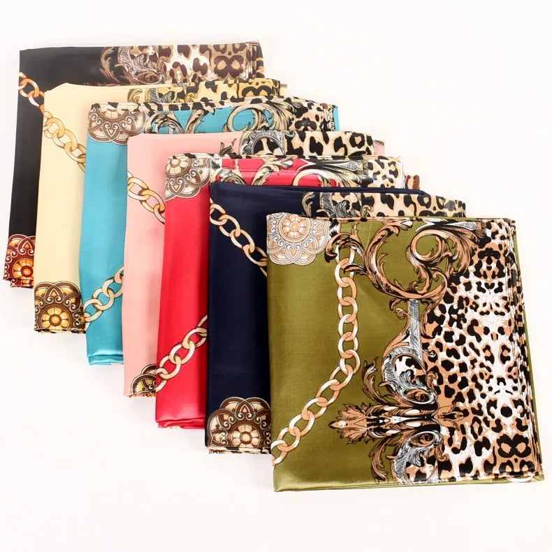 Factory Women's Leopard Silk Scarf Customized 90 90 Glossy Satin Square Headscarf Digital Printing Cheap Wholesale