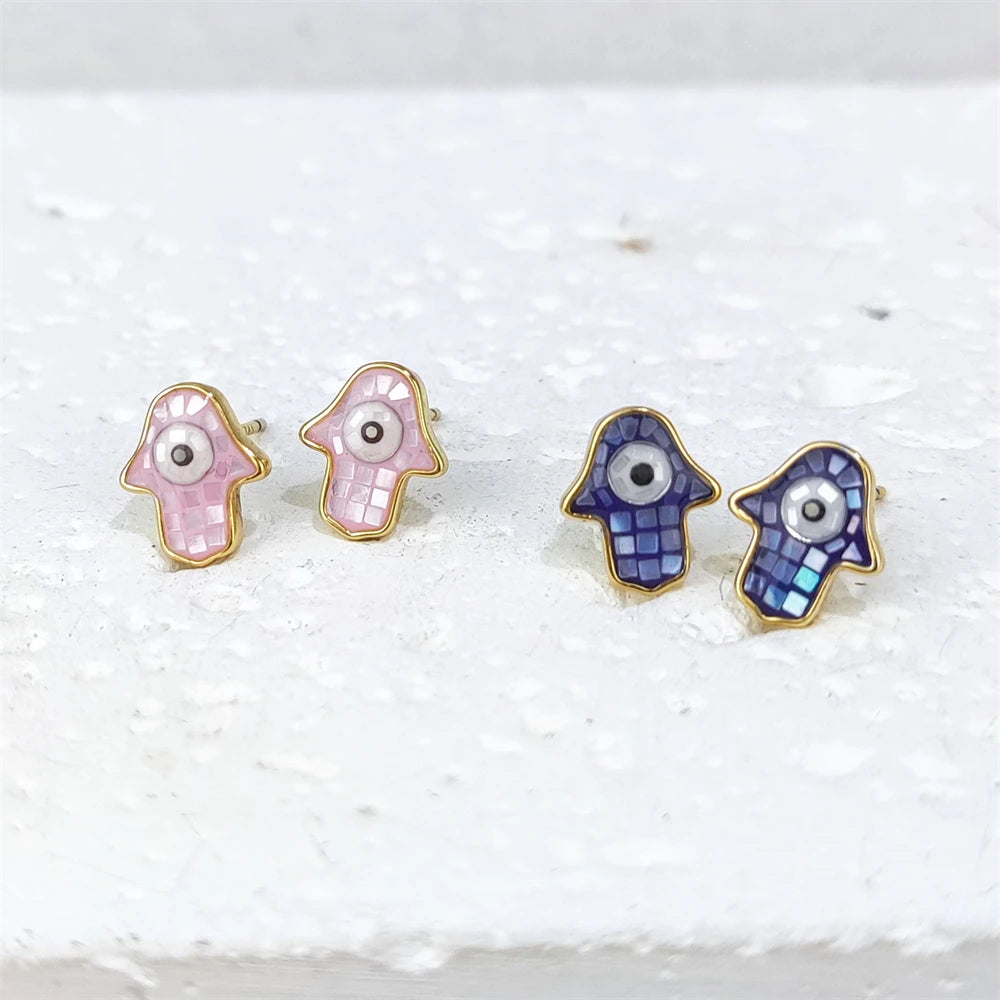 Wholesale Bulk 18k Gold 925 Sterling Silver Stud Mother of Pearl Genuine Seashell Jewelry Hamsa Hand Earrings Enamel Fatima Palm