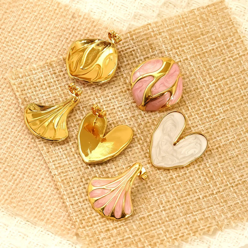 High Quality 18k Gold-plated Stainless Steel Fan-shaped Oil Drop Earrings Thick Geometric Retro Heart-shaped Earrings Jewelry