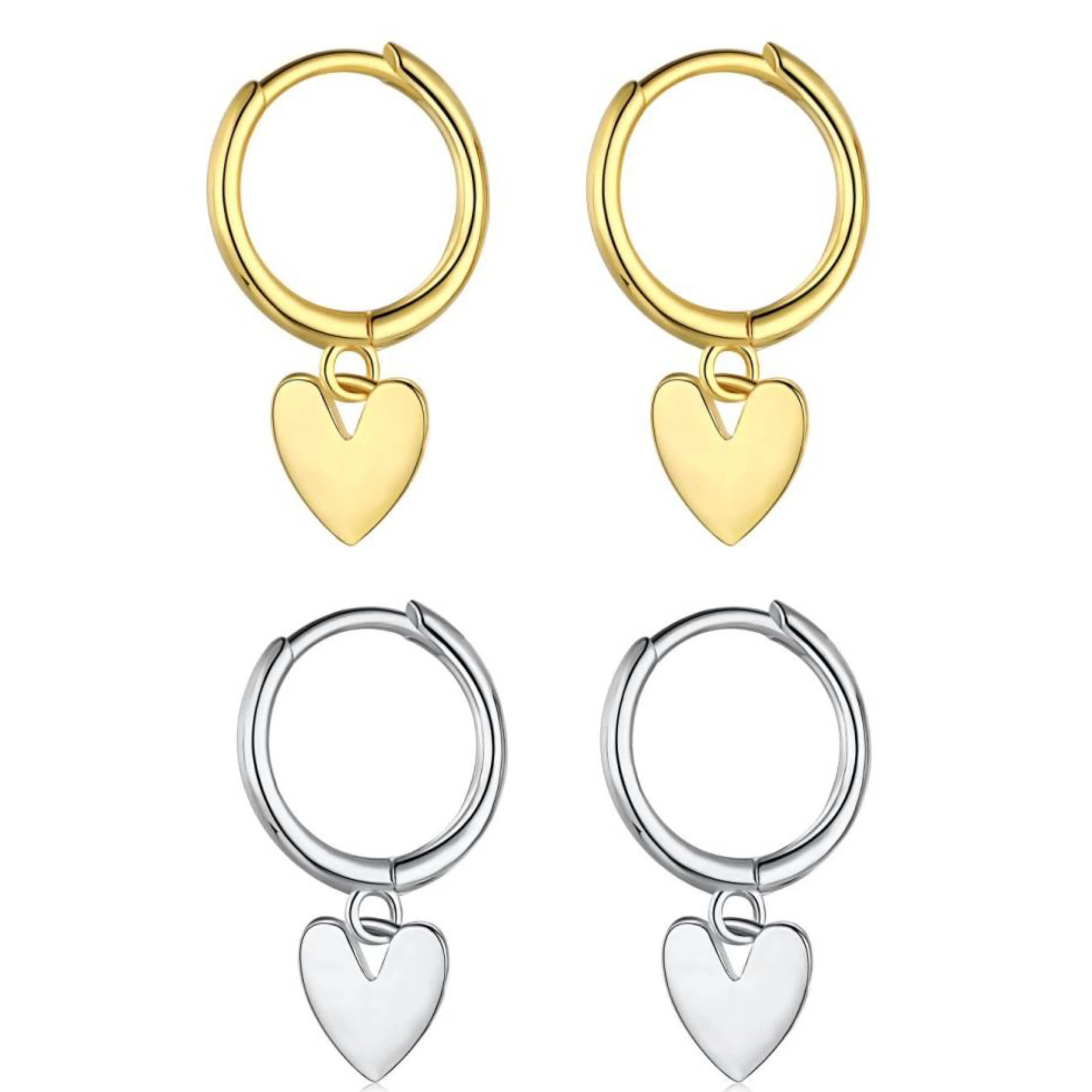 Fine Jewelry Hoop Earrings Love Heart Pendant 18K Gold Plated S925 Sterling Silver Dangle Drop Earrings for Girls Women Gifts