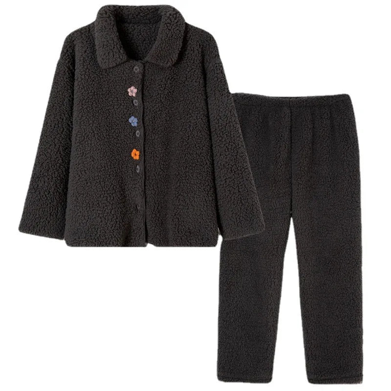 Autumn/Winter Ladies Coral Fleece Pajamas Set Button Down Sweet Solid Fleece Sleepwear Thickened Nightgown Can Be Out Wear Set