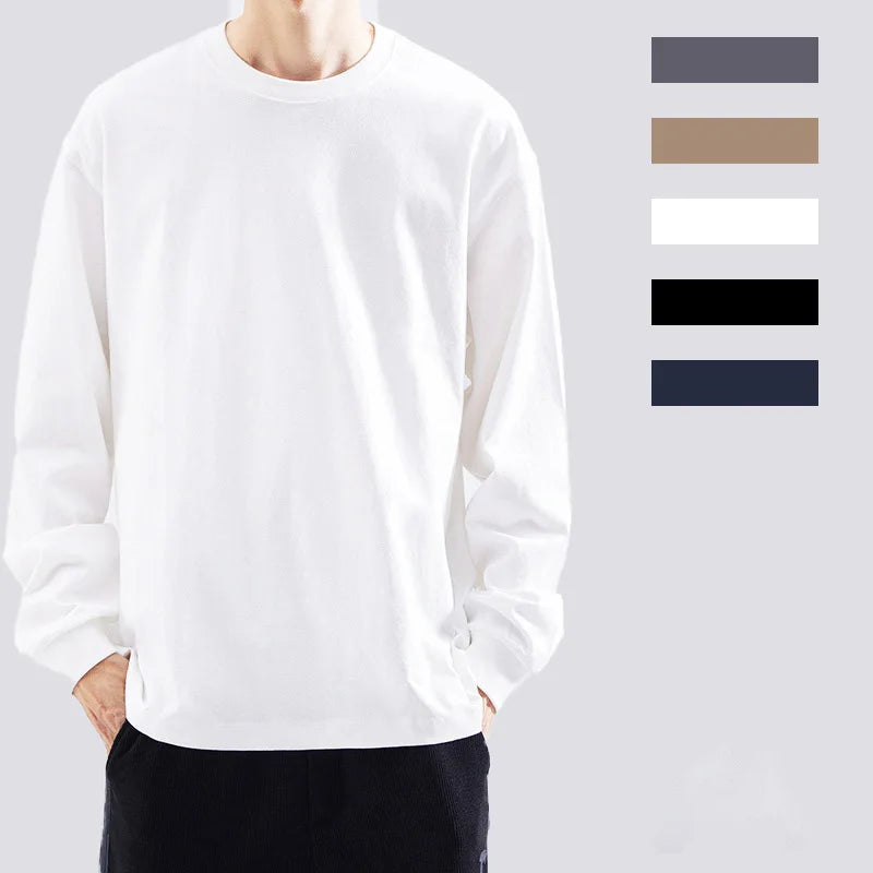 Men's 100% Cotton 270G Autumn Winter Heavy Loose Long Sleeved Pullover T-Shirt for off Shoulder O-Neck Base Shirt Solid Pattern