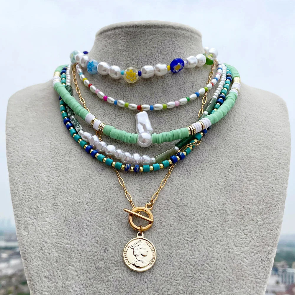 Jiingcan Crystal Fashion Women Bohamien Beaded Choker Necklaces Handmade Different Pearl Beads Necklace