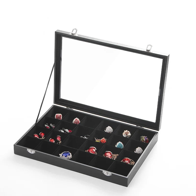 Hot Sale Jewelry Storage Box Black PU Leather 24 Grid Necklace Bracelet Jewelry Display Box with Clear Glass Cover
