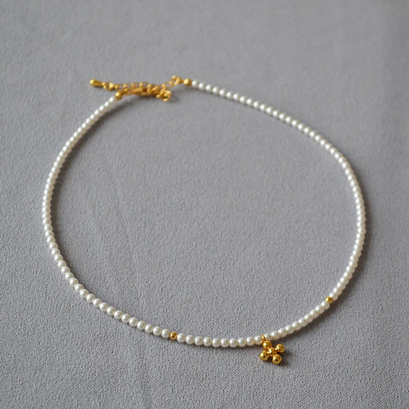 French Elegant 3mm Pearls Necklace Jewelry Brass Gold Cross Charm Bright Pearls Choker Necklace for Women