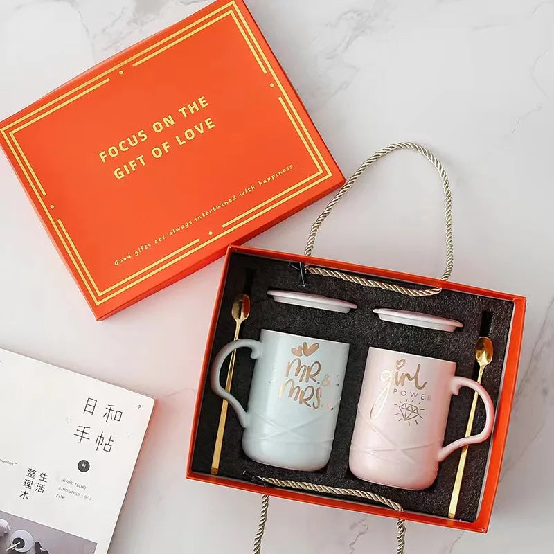 Couple Ceramic Cup Expression Cup Heart-shaped Handle Bing Cup with gift box