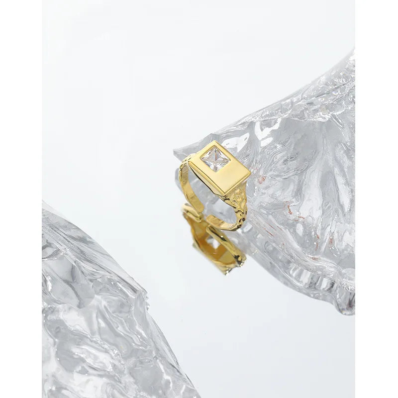 S925 Sterling Silver Geometric Square Zircon Signet Ring Minimalist Fine Jewelry Western Style Adjustable