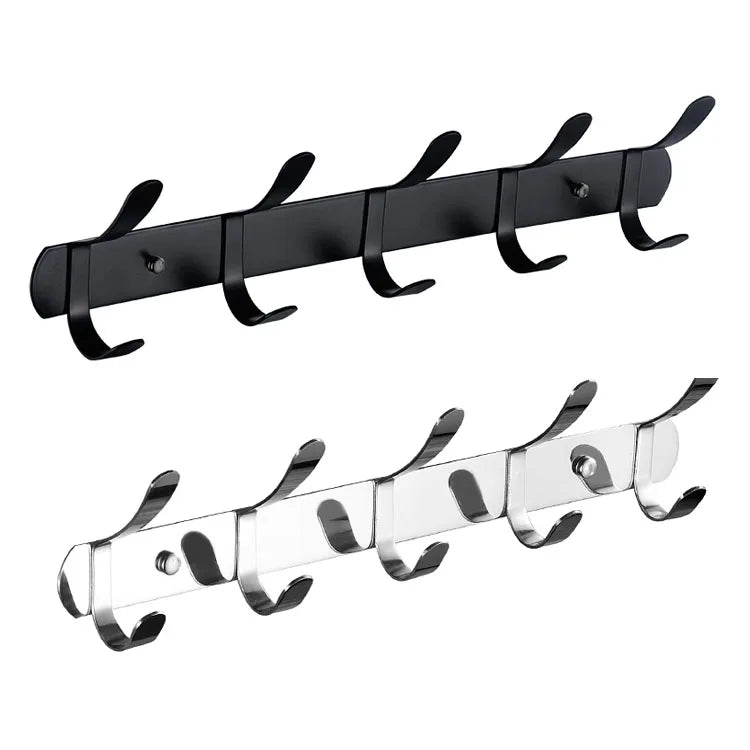 Stainless Steel Coat Hooks 5 Wall Mounted Hangers with Metal Key Black Storage Rack for Clothing in Bathrooms or Homes