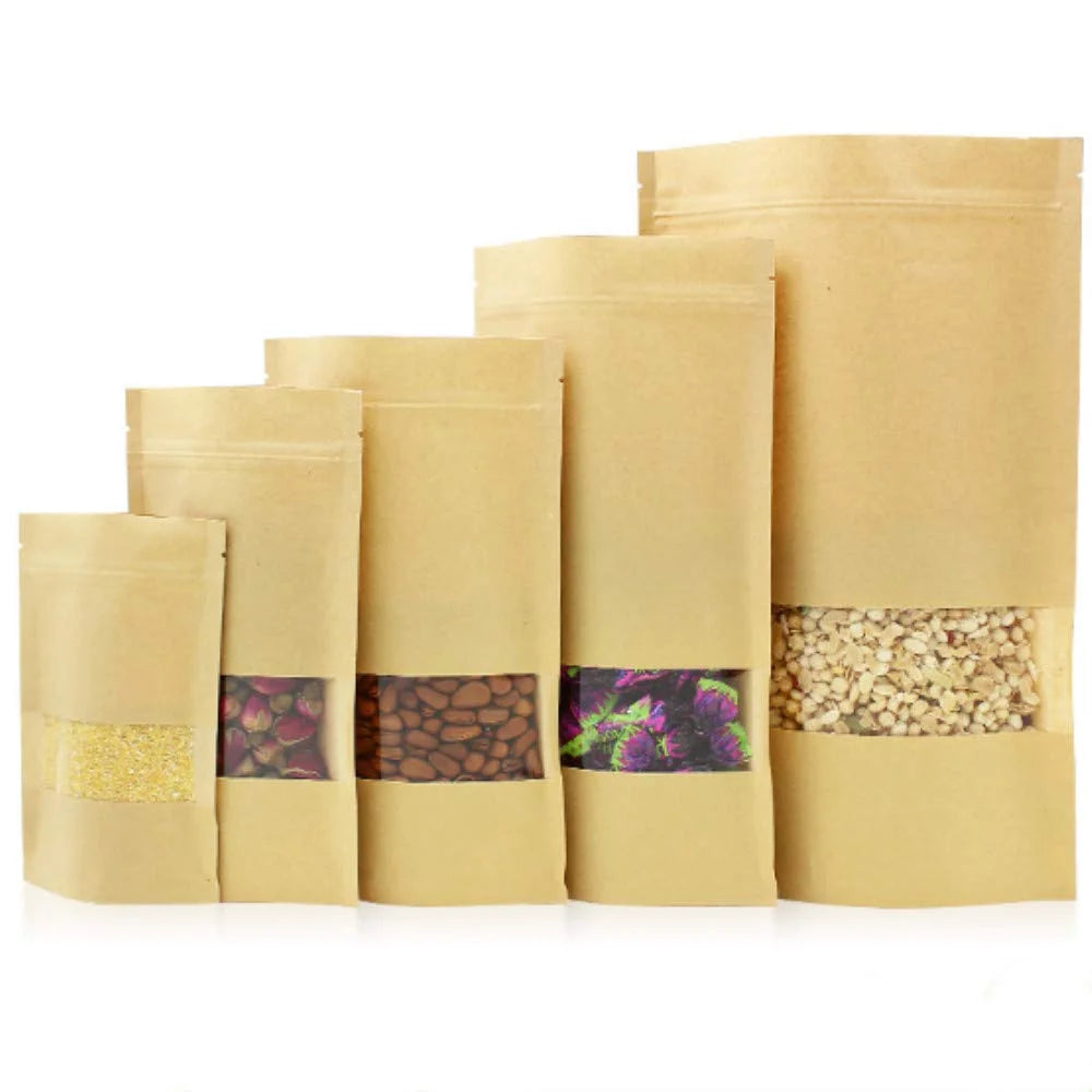 Custom Designed Recycled Kraft Paper Stand up Pouch with Glossy/Matt Lamination and Clear Window for Meat Packaging