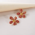 Cute 18K Gold Plated Diamond Glass Flower Stud Earrings Red Rhinestone Crystal Flower Earrings for Girl