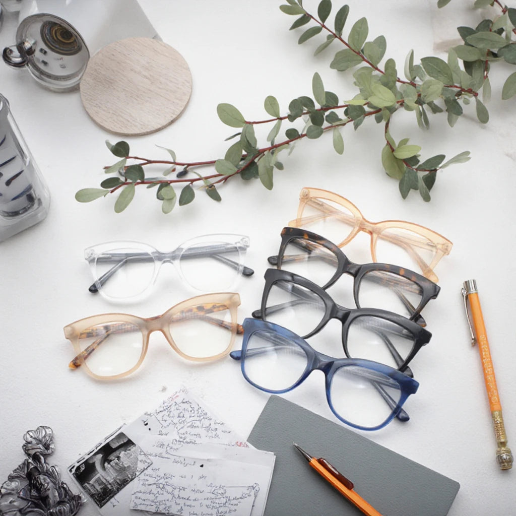 Unisex Fashionable Solid Blue Cat Eye Lens Shape Lightweight Optical Eye Glasses Plastic Demo Lens Injection Prescription-Free