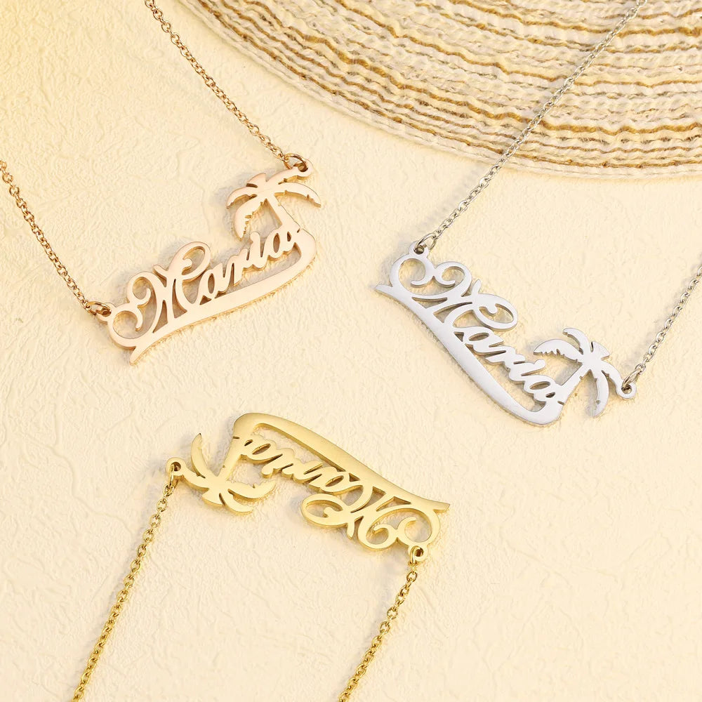 Personalized Jewelry Stainless Steel Island Vacation Coconut Tree Name Letter Pendant Necklaces for Women