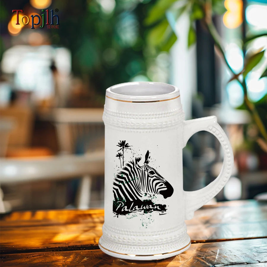 Topjlh Hot Sell 22oz Sublimation Personalized Logo Ceramic White Beer Mug with Gold Trim Beer Stein for Party