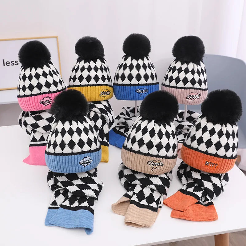 New Winter Warm Jacquard Knitted Beanie Hat 2PCS Set of Long Acrylic Scarf and Hat for Children Outdoor Style