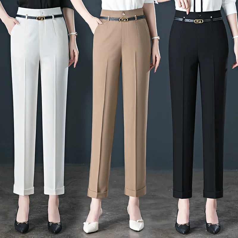 S-2XL Women's Cropped Pants Spring New High Waist Curled Large Casual Stretch Straight Pants