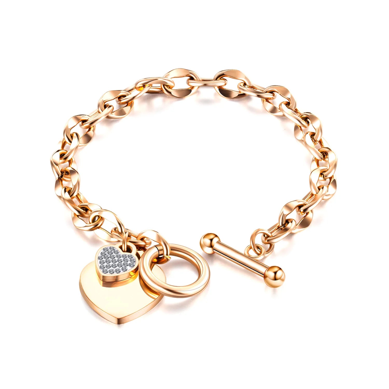 Custom Engraved Stainless Steel Heart Toggle Bracelet OT Buckle Silver Gold Rose Gold Fashion Charm Bracelet Gift for Her