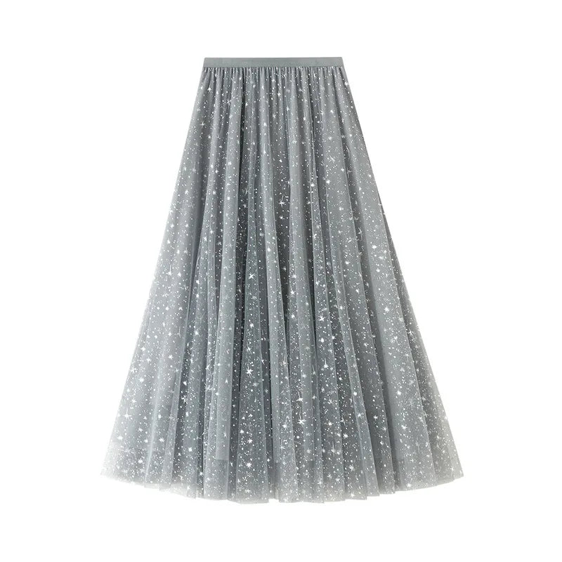 Women Summer High Waist Mid Length Skirt Sequin Twinkle Star Tulle Mesh a Line Long Skirt