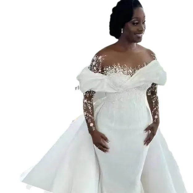 2023 Guangzhou Auyan Customized Size White Wedding Dress Elegant Mermaid Style Lace Flower Long Tail Bridal Evening Gown MegaBDM