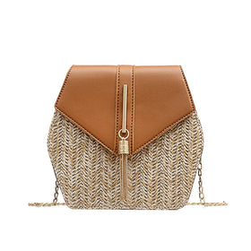 Hot Sale Faux Straw PP Summer Lady Girl Mini Shoulder Bag With Metal Chain