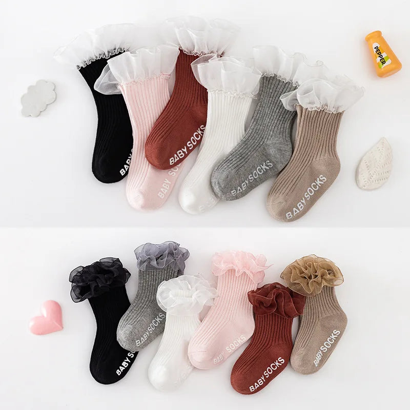 Spring Children's Lace Mid Tube Socks Summer Girls' Solid Princess Non slip Socks Cotton Infant Floor Socks