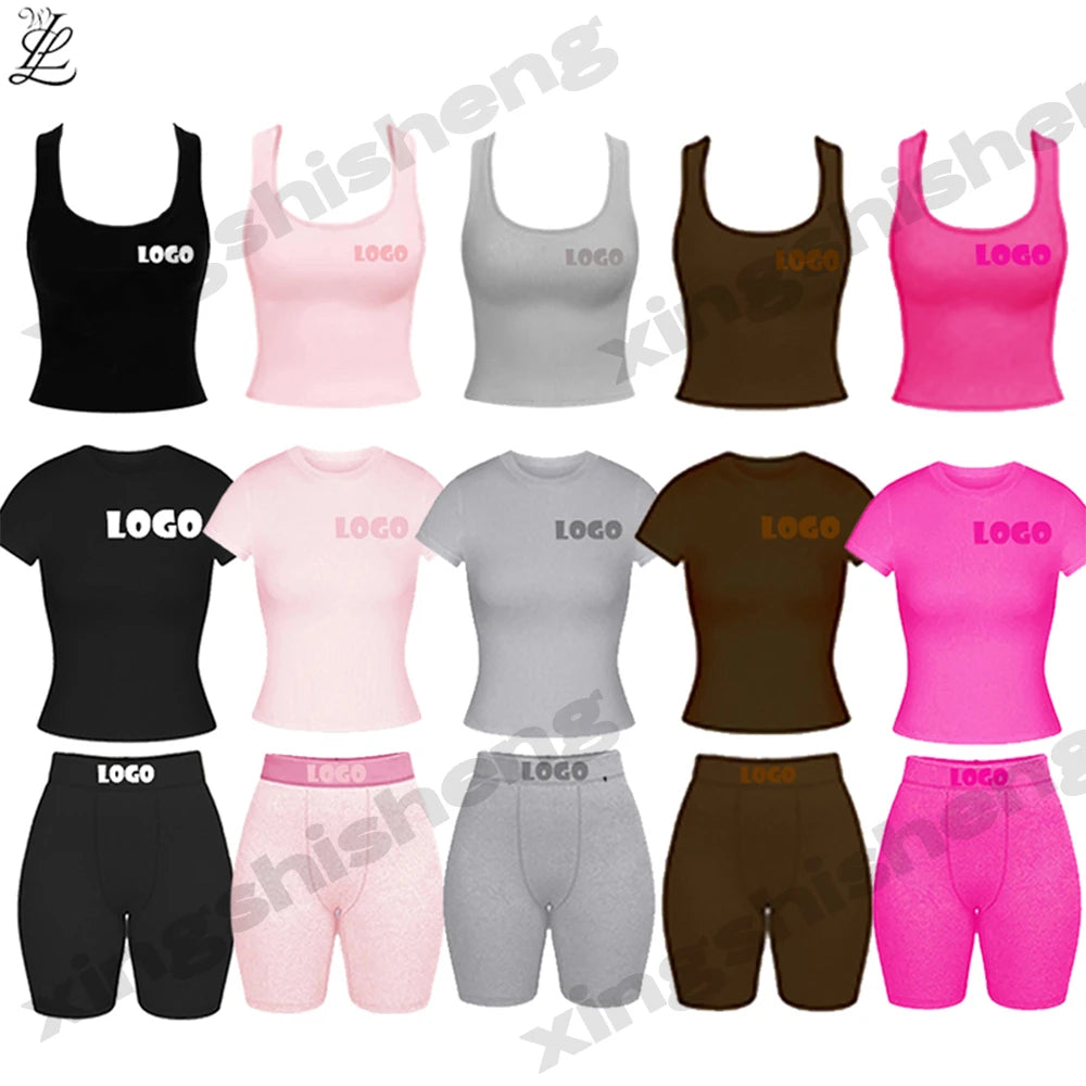 Factory Custom LOGO 2 Piece Plus Size Ribbed Short Sleeve and Shorts Embroidery Slim Fit Plain Jogging Lounge Wear Women Set