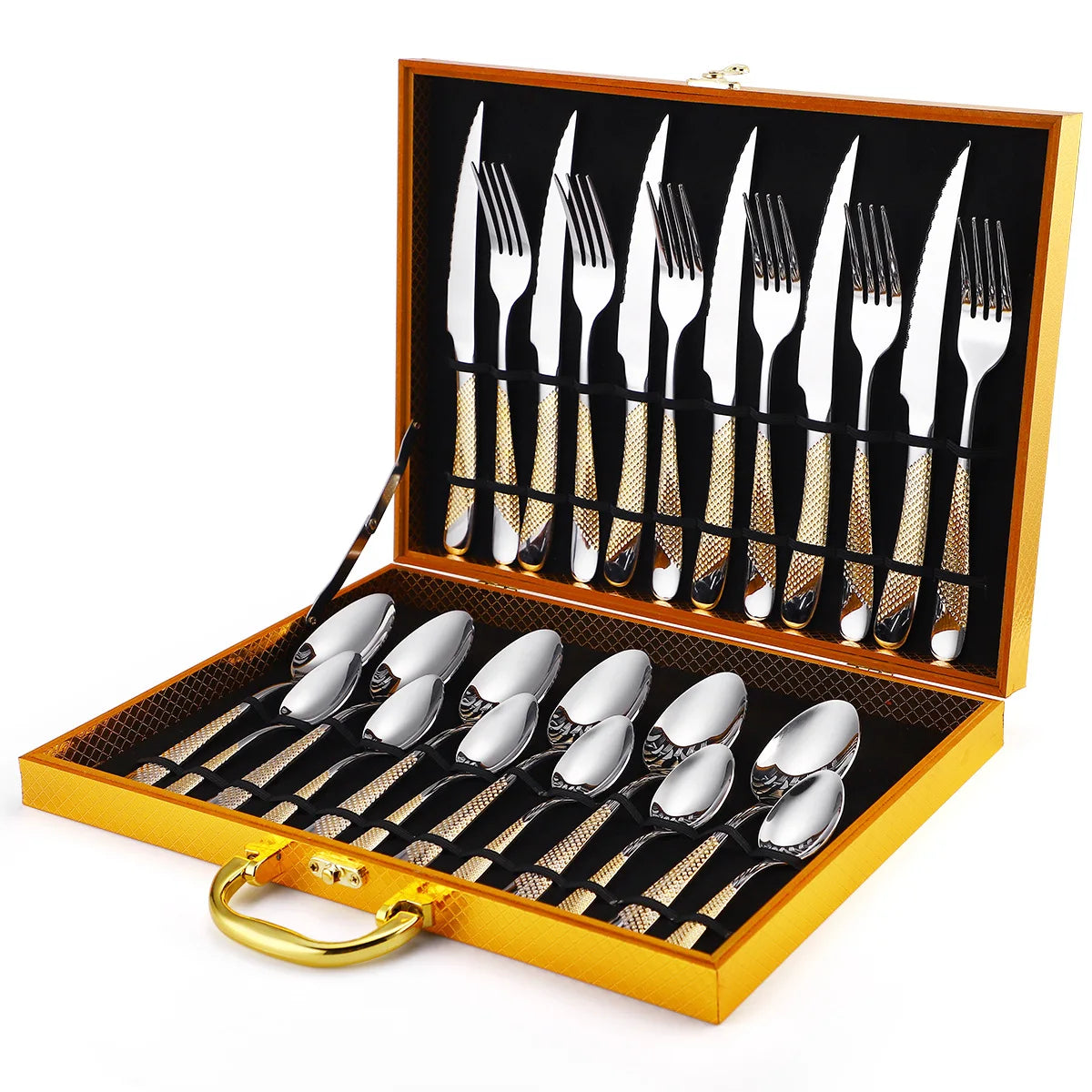 N0394 New Design Silverware Luxury Gold Reusable Stainless Steel 24 Piece Flatware Cubiertos Cutlery Set with Gold Gift Box
