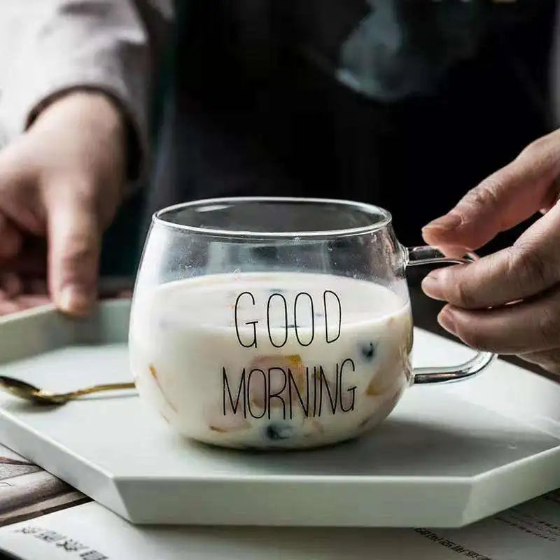 ZHOUDI Hot Selling Creative Good Morning Pattern Double Wall Insulated Gold Plated Glass Mug Breakfast Milk Coffee Cup Household