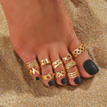 10Pcs/Set Fashion Party Split Silver Gold Plated Totem Pattern Beach Nail Joint Vintage Signet Hoop Skull Foot Toe Ring Set