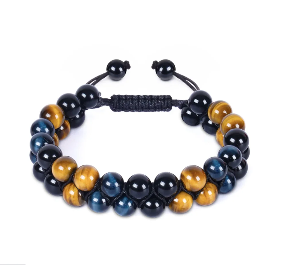 8mm Beaded Bracelet with Blue Tiger Eye and Onyx Stone Stylish Trendy Accessory for Anniversary