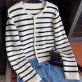 Korean Fashion Sweater Cardigan White Black Striped Knitted Sweater Women Short Cardigan Long Sleeve Cardigan Female 2023 Winter