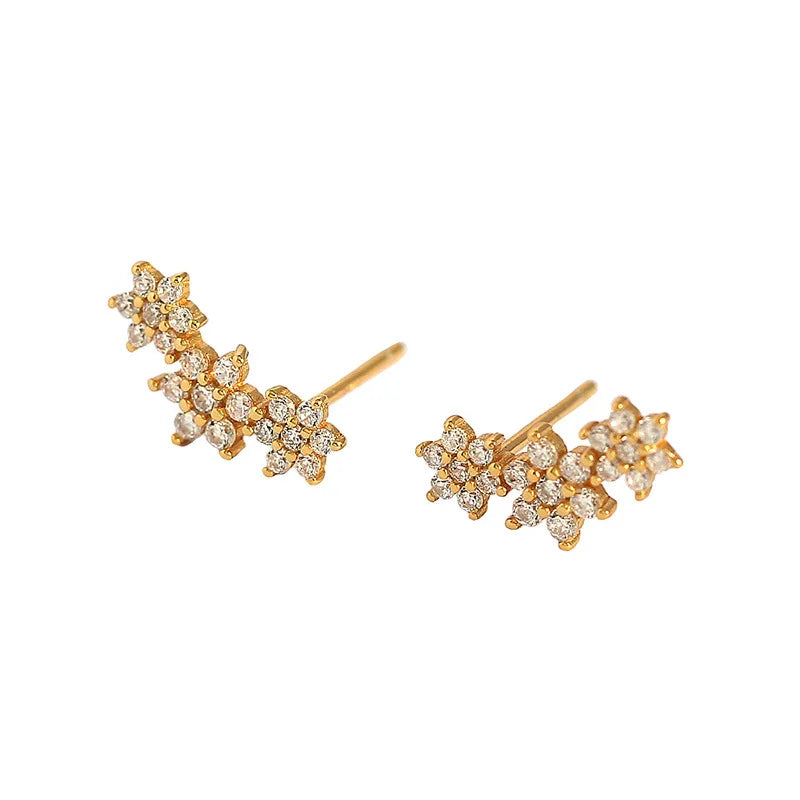 925 Silver Gold Plated Wedding Jewelry Cubic Zirconia Earrings Black CZ Stone Crystal Flower Stud Earrings